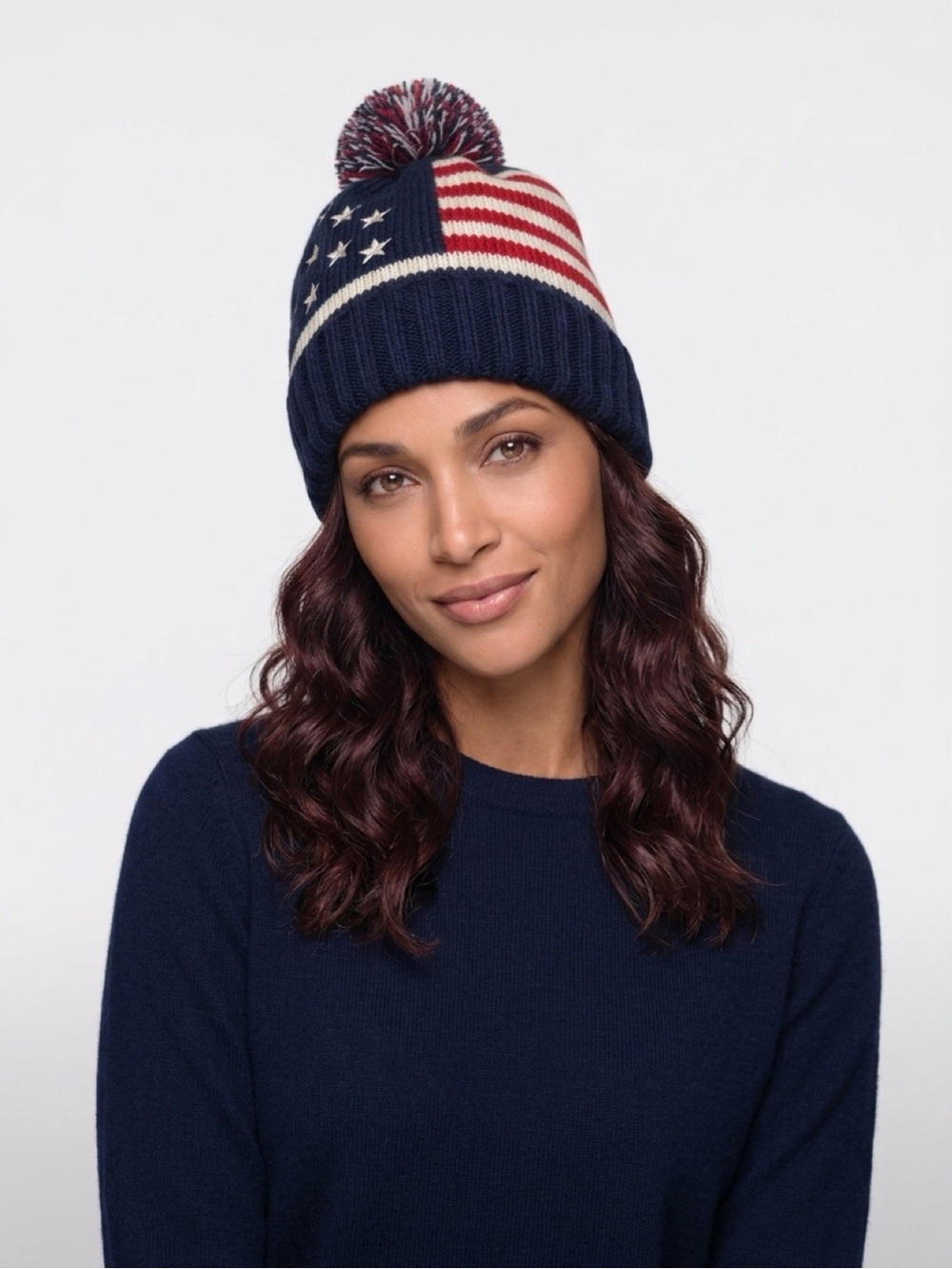 American Flag Acrylic Knit Pom Beanie Red White Blue Unisex